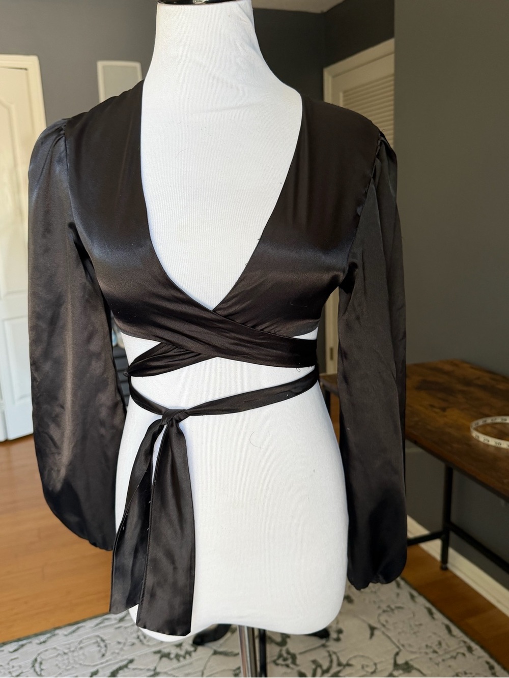 Copper closet Black Wrap-Front Satin Crop Top- Size small